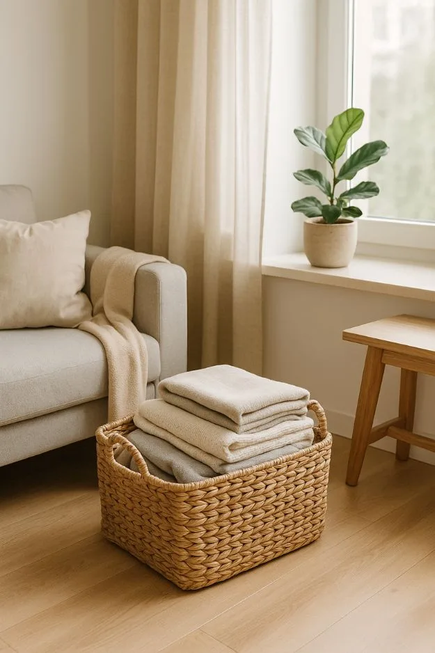 Woven declutter basket with neatly folded textiles beside a sofa, bright modern living room — mindful home organization ideas for creating calm spaces