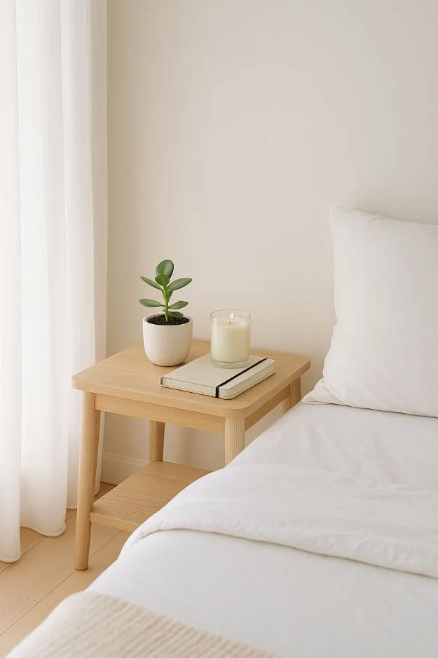 Minimalist bedroom nightstand with candle, journal, and potted plant beside a bed with white bedding — mindful home organization ideas for serene mornings.