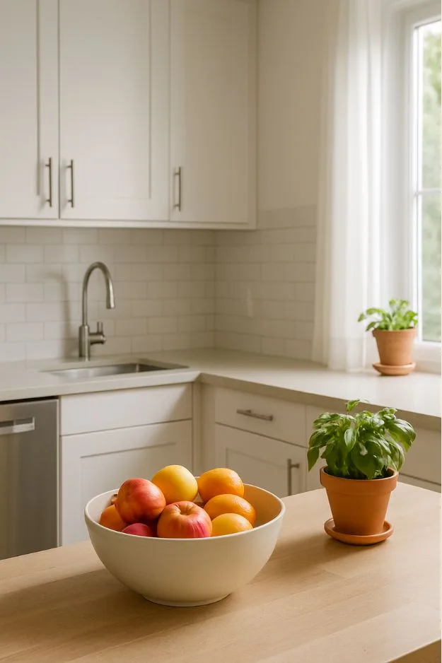 Minimalist kitchen counter with a bowl of fruit and a potted herb — mindful home organization ideas for a bright and fresh kitchen space.