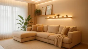 Modern cozy living room with neutral sectional sofa, warm LED lighting, minimalist wall shelves, indoor plants, and soft textured rug — a calm and inviting space for mindful home organization.