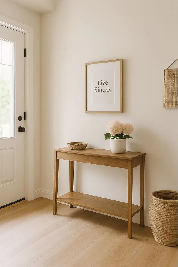 Nature-inspired entryway with wooden console table, tray for keys, potted flower, and framed quote — mindful home organization ideas for a welcoming entrance.