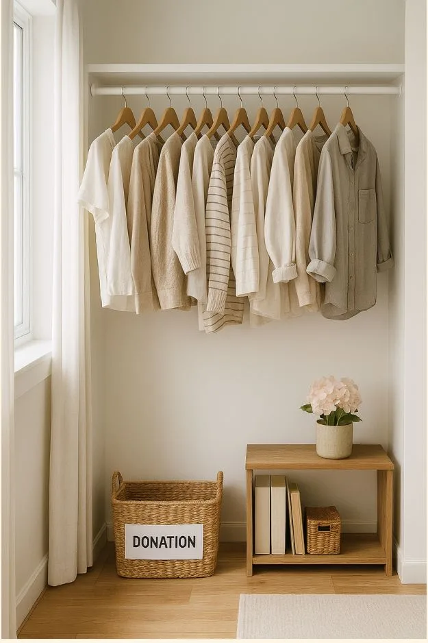 Organized minimalist closet with neutral hanging clothes and donation basket — mindful home organization ideas for intentional wardrobe practices.