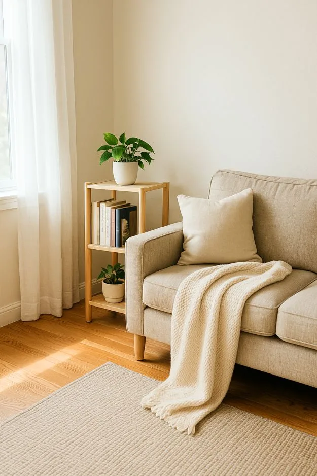 Cozy reading nook with a small shelf of books, sofa with throw blanket, and potted plant — mindful home organization ideas for inspiring reading spaces.