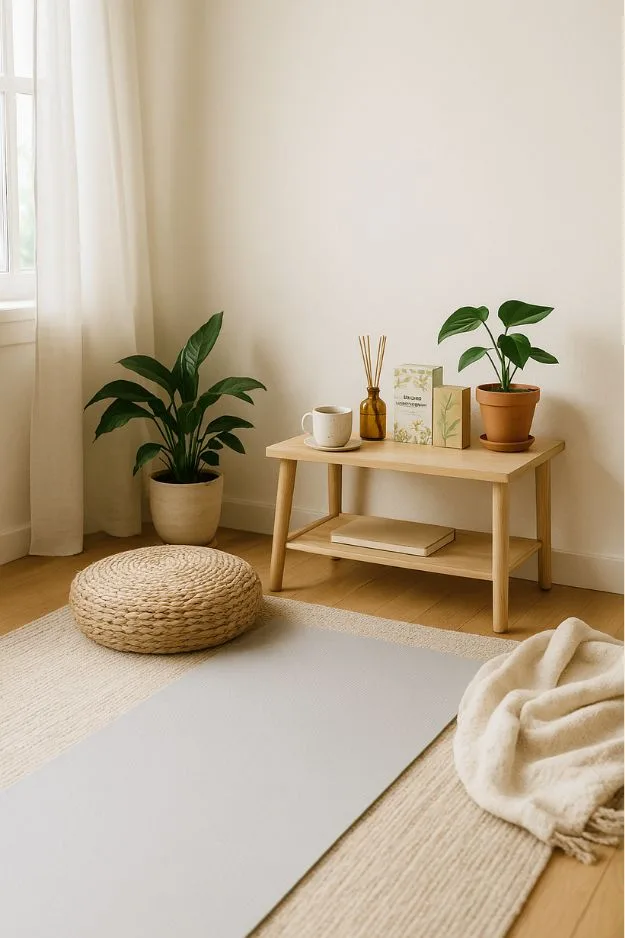 Tea and meditation corner with yoga mat, meditation cushion, plants, books, and diffuser — mindful home organization ideas to create a calming ritual space.