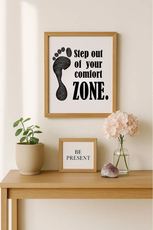 Visual pause point with console table, framed quotes, potted plant, flowers, and crystal — mindful home organization ideas for moments of mindfulness.