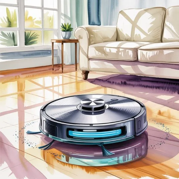 Mindful home organization — robot vacuum cleaning hardwood floor in a bright, tidy living room with sunlight and soft rug.