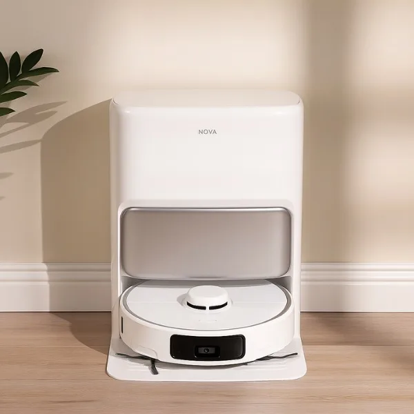 Mindful home organization — robot vacuum in docking station on wood floor, minimal and organized modern home.