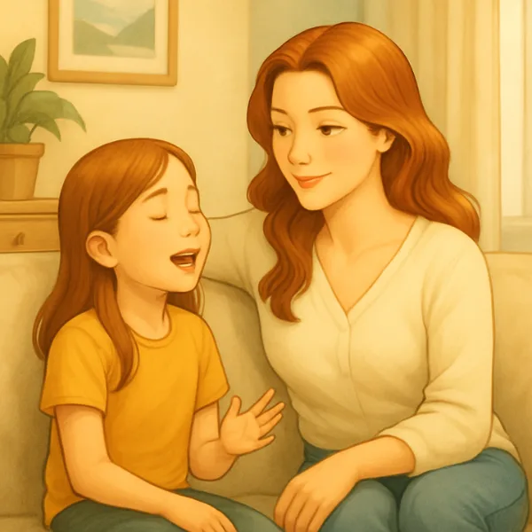 A mother practicing the art of listening with her young daughter, building trust and connection at home.