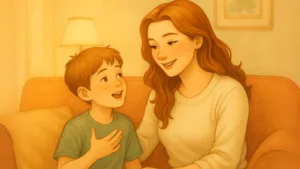 A mother practicing the art of listening with her young son, creating trust and connection in a cozy living room.