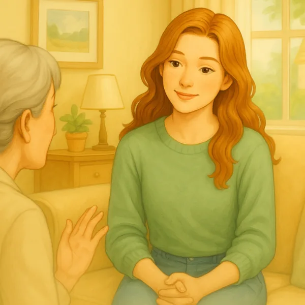 A young woman practicing the art of listening with an older woman in a warm, friendly conversation.