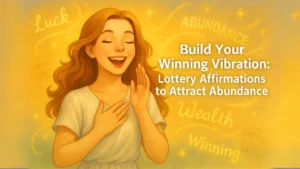 A joyful woman speaking Winning Lottery Affirmations with glowing words like luck, wealth, abundance, and winning around her — Winning Lottery Affirmations to Attract Abundance