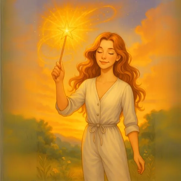 A smiling woman with flowing hair holding a magic wand, visualizing her Winning Lottery Affirmations and attracting abundance and luck.