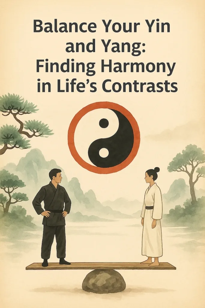 Illustration for The Game of Life and How to Play It, showing a man and woman balancing on a wooden plank with a yin-yang symbol above, symbolizing harmony in life's contrasts.