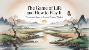 Watercolor-style Chinese landscape with flowing river, soft mountains, trees, and a butterfly under the rising sun—captioned with “The Game of Life and How to Play It Through the Lens of Ancient Chinese Wisdom.”