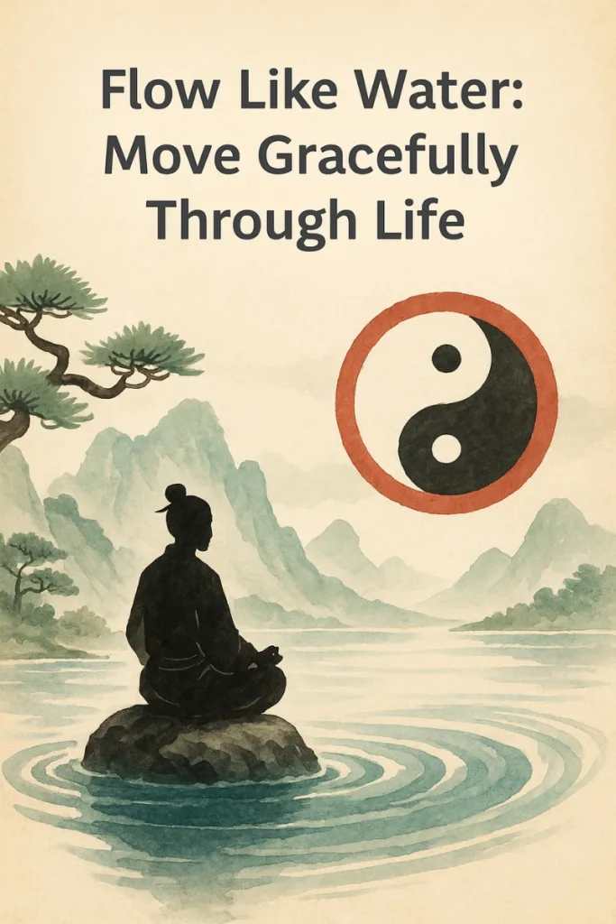 A peaceful figure meditates on a rock in the middle of a tranquil lake, surrounded by misty mountains and a glowing yin-yang symbol, embodying the Taoist flow and inner balance taught in The Game of Life and How to Play It.
