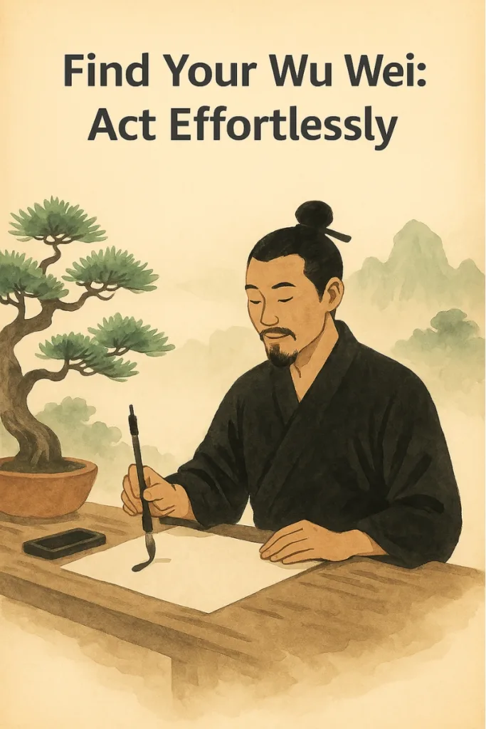 A serene Taoist scholar practices calligraphy with effortless grace, symbolizing Wu Wei—the art of non-forcing—as taught in The Game of Life and How to Play It.