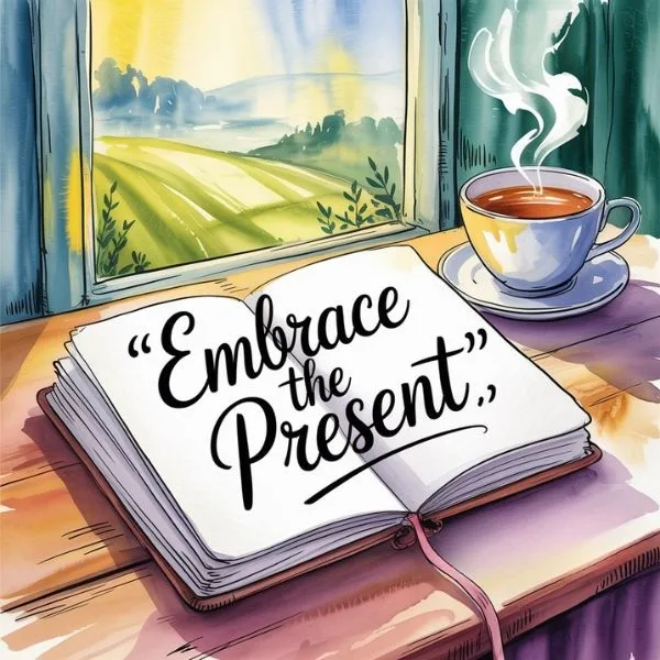 Watercolor image of journal with quote "Embrace the Present" next to coffee — practicing presence as taught in Feeling Is the Secret.