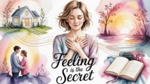 Smiling woman with hands on heart surrounded by scenes of love, home, and peace — Feeling Is the Secret by Neville Goddard.