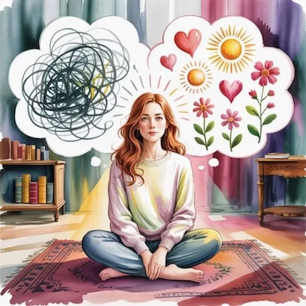 Young woman sitting cross-legged, shifting from anxious thoughts to loving emotions — illustrating Feeling Is the Secret.