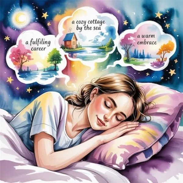 Young woman dreaming of a fulfilling career, a cozy cottage, and loving relationships — Feeling Is the Secret in action.