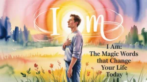 Watercolor illustration of a man standing peacefully with hand over heart, radiant sunrise behind him and the words 