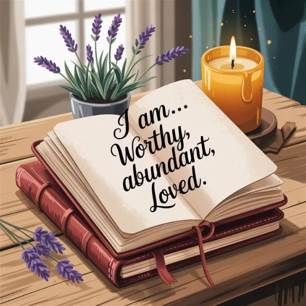 Open journal on a wooden table beside lavender and a candle, with the affirmation “I am… Worthy, abundant, loved.” — a visual of self-concept in I Am awareness practice.
