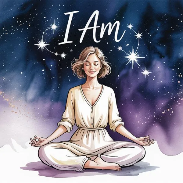 A woman sitting in meditation beneath a starry sky with the words “I Am” above her head — reflecting the cosmic power of I Am awareness in spiritual practice.