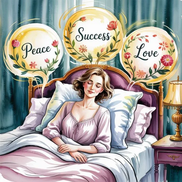 Soft watercolor of a woman resting peacefully in bed, dreaming of peace, success, and love — representing subconscious alignment through I Am awareness.
