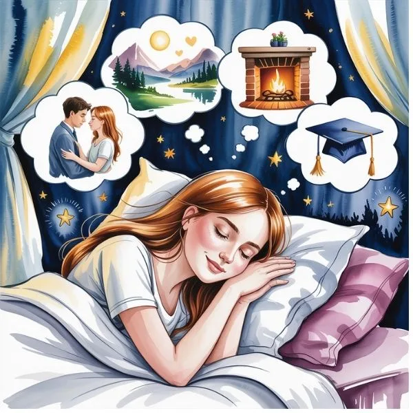 Young woman peacefully sleeping in bed, surrounded by glowing dream bubbles of love, success, and warmth - visualizing her desires. Watercolor illustration showing how imagination creates reality.