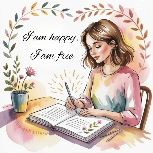 A woman journaling affirmations in a cozy, peaceful setting with flowers and warm light. Watercolor style art symbolizing the daily practice of how imagination creates reality.