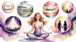 Watercolor illustration of a young woman meditating with eyes closed, surrounded by bubbles showing visualized dreams—a house, plane, stage, love, and success—representing how imagination creates reality.