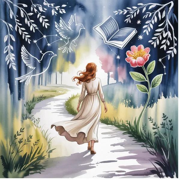 A young woman walking a glowing path surrounded by dreamlike symbols—birds, books, flowers—representing the inner journey of living in the end.