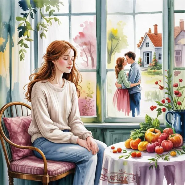 A woman sits peacefully inside a cozy home, eyes closed, visualizing a future of love and stability—practicing the concept of living in the end.